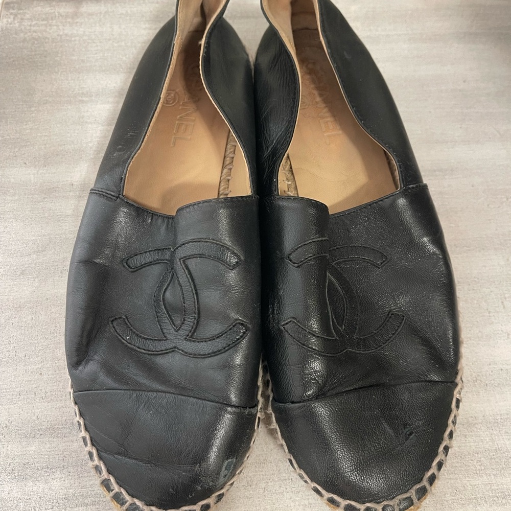 Chanel CC Black Lambskin Leather Espadrilles